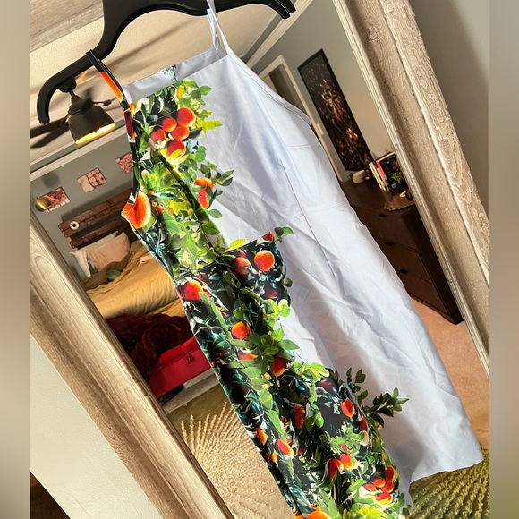 Anthropologie Maeve Midi Dress 4p Orange Bough Sheath Stretch Blue High Neck - Picture 8 of 14